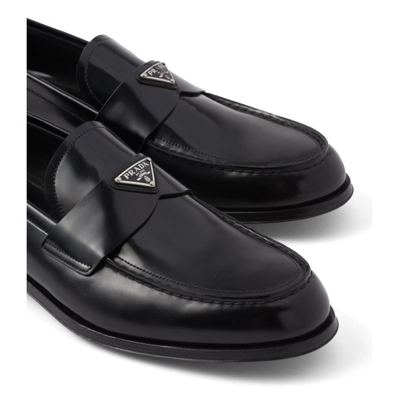 Prada Black Brushed Leather Triangle Logo Classic Loafer SlipOn Flat UK 12 US 13 main image 8